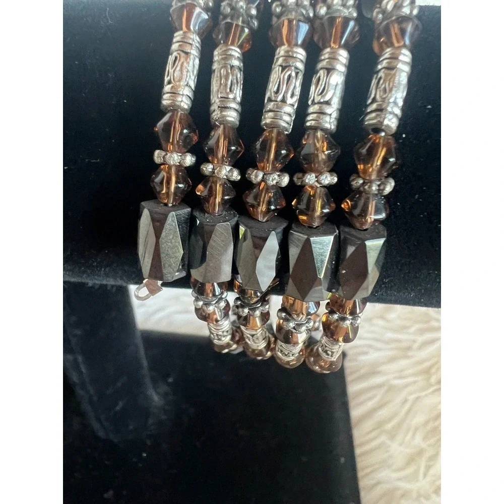 Magnetic Wrap Bracelet Brown Glass Beaded Multi Strand‎ Bronze Black Earthy